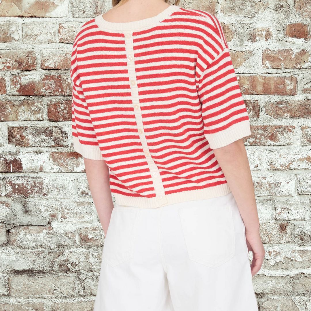Red Stripe Button Back Sweater
