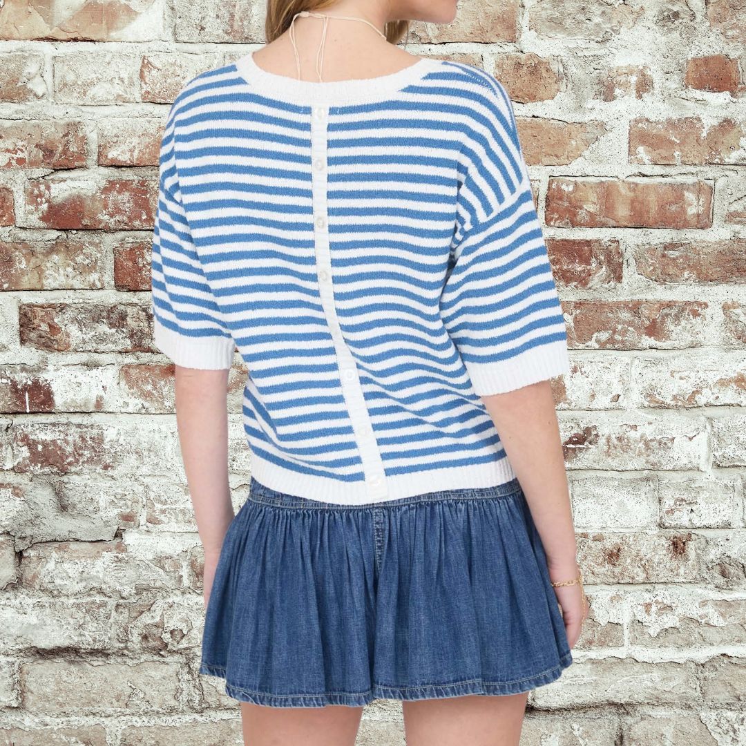 Blue Stripe Button Back Sweater
