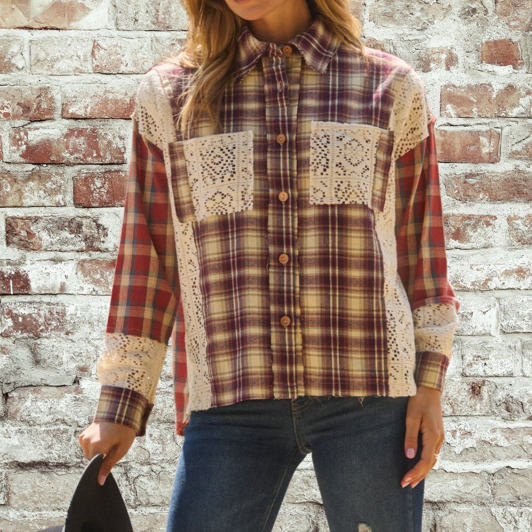 Red Plaid Lace Top-Plus