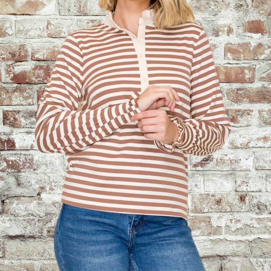 Camel Stripe Ruffle Collar Top