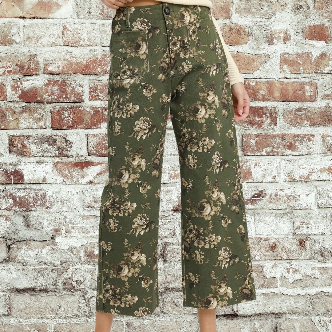 Olive Floral Wide Leg Pant