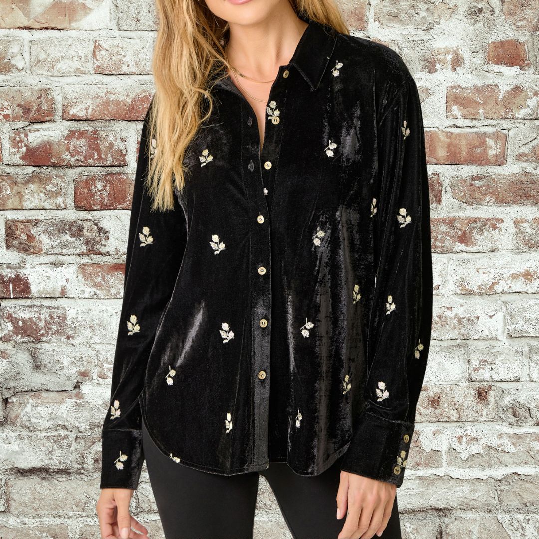 Black Embroidered Velvet Shirt