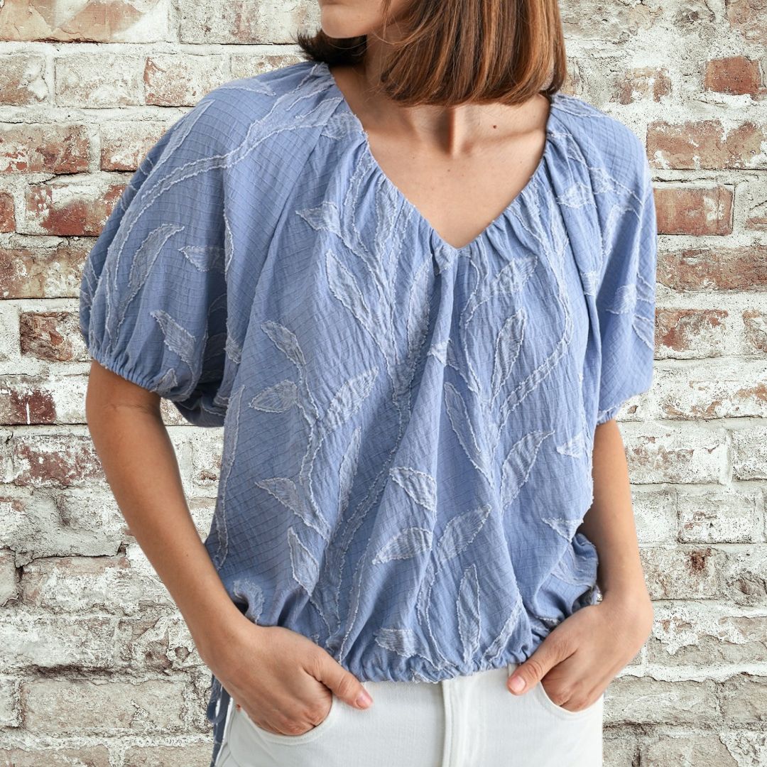 Blue Shirring V Neck Top