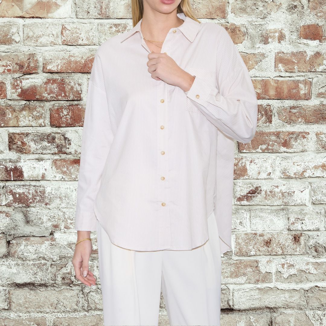 Khaki Pinstripe Button Up-Plus