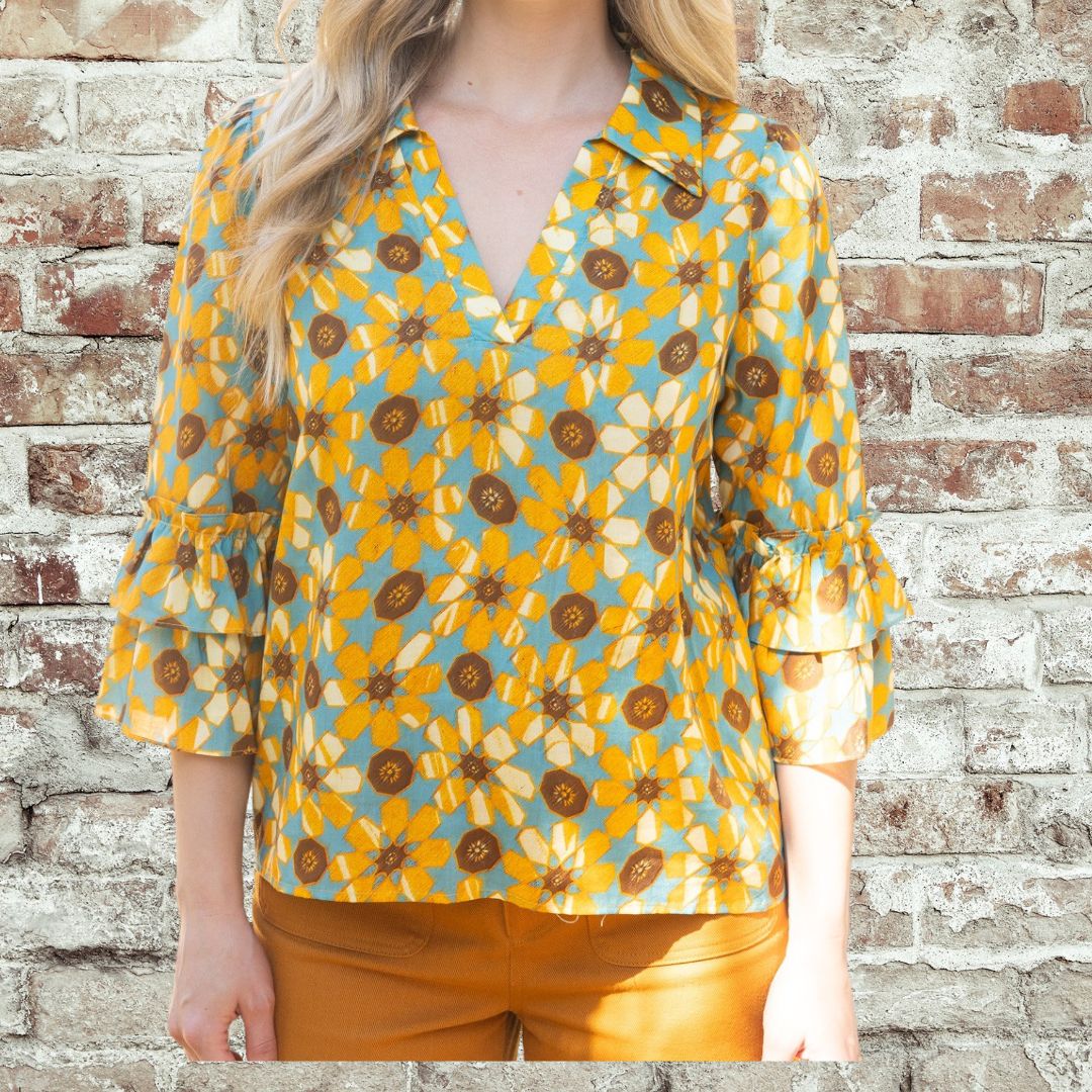Golden Ruffle Sleeve Top