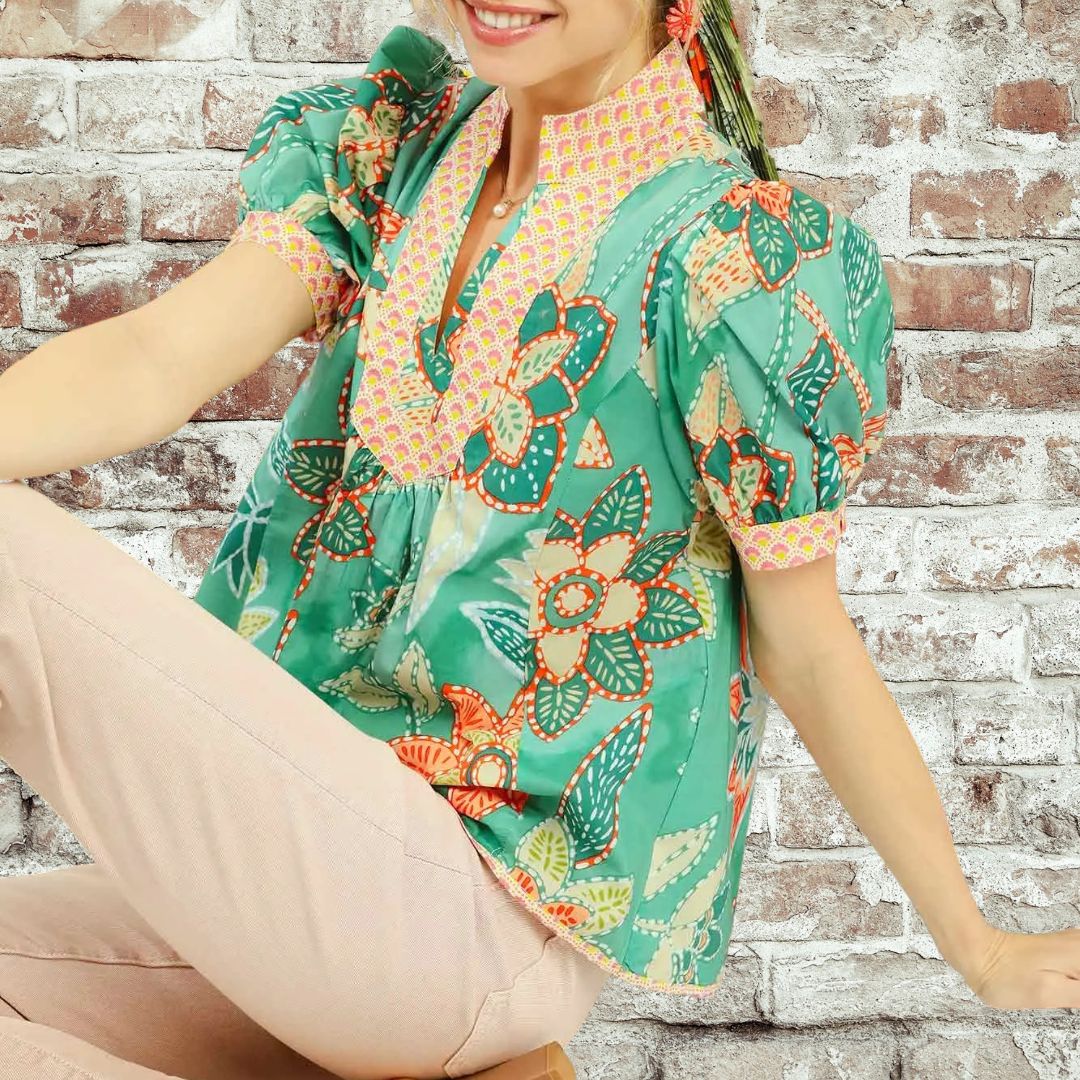 Green Abstract V Neck Top