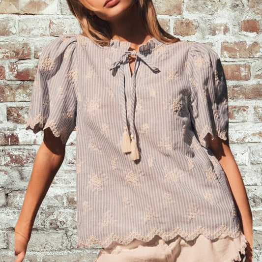 Blue Stripe Embroid Top-Plus