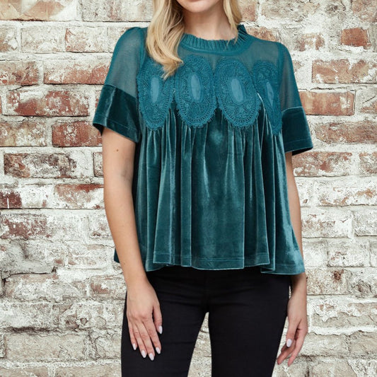 Teal Velvet Babydoll Top