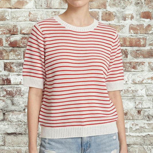 Red Pointelle Striped Sweater