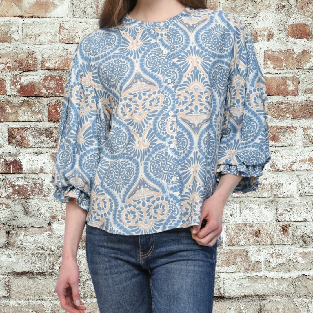 Blue Damask Print Blouse