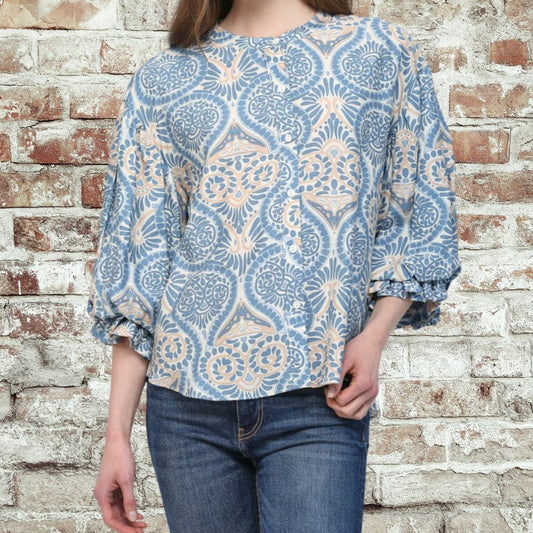 Blue Damask Print Blouse