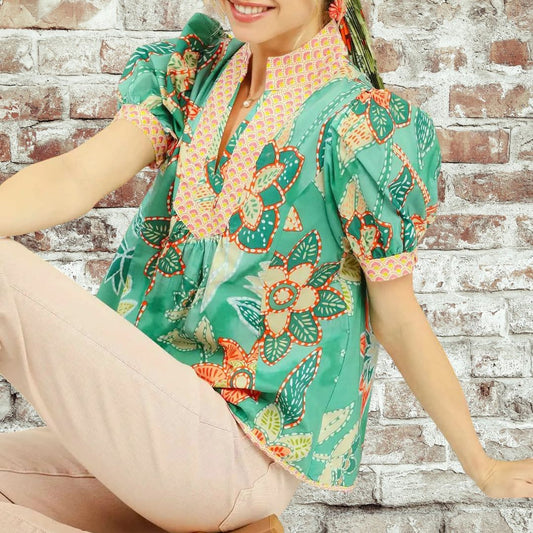 Green Abstract V Neck Top