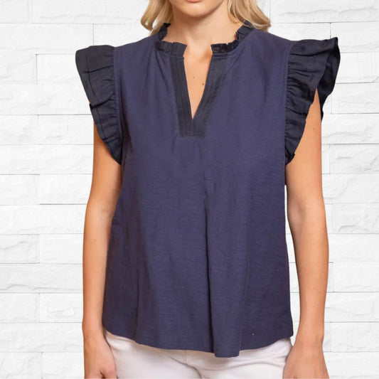 Navy Ruffle Top