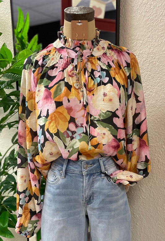 Black Floral Tie Neck